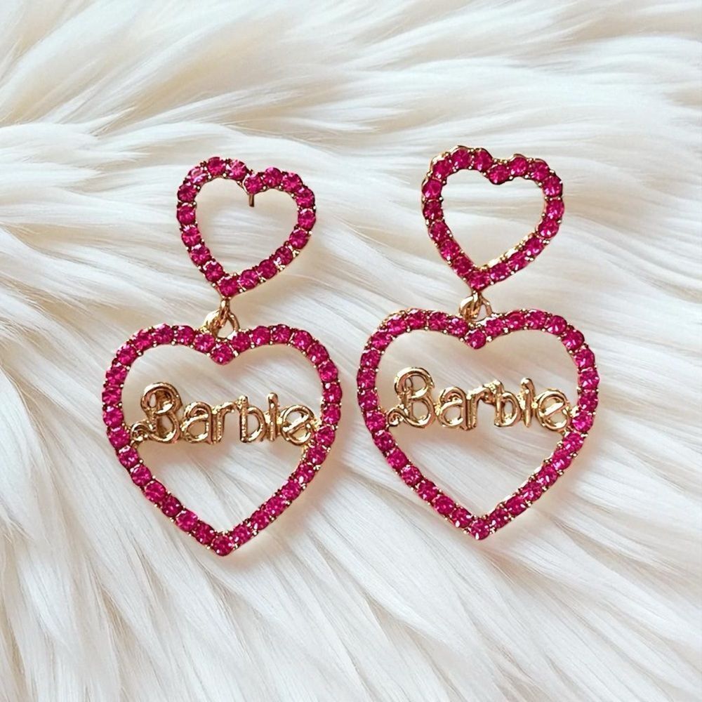 Barbie Heart Hot Pink Crystal Drop Earrings